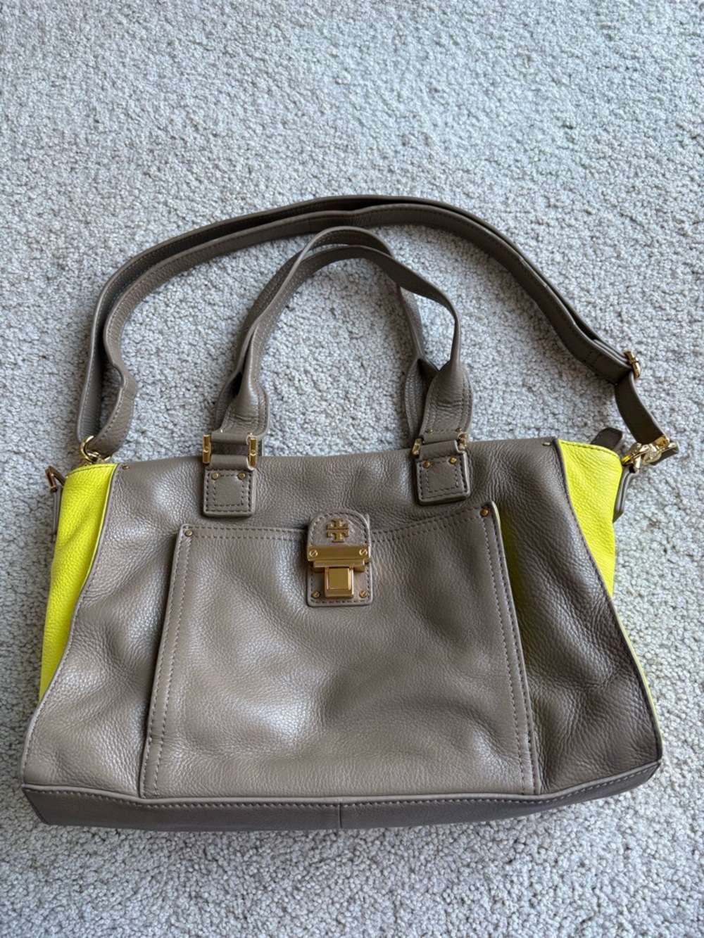 Tory Burch Taupe Leather Tote with Yellow Side Panels